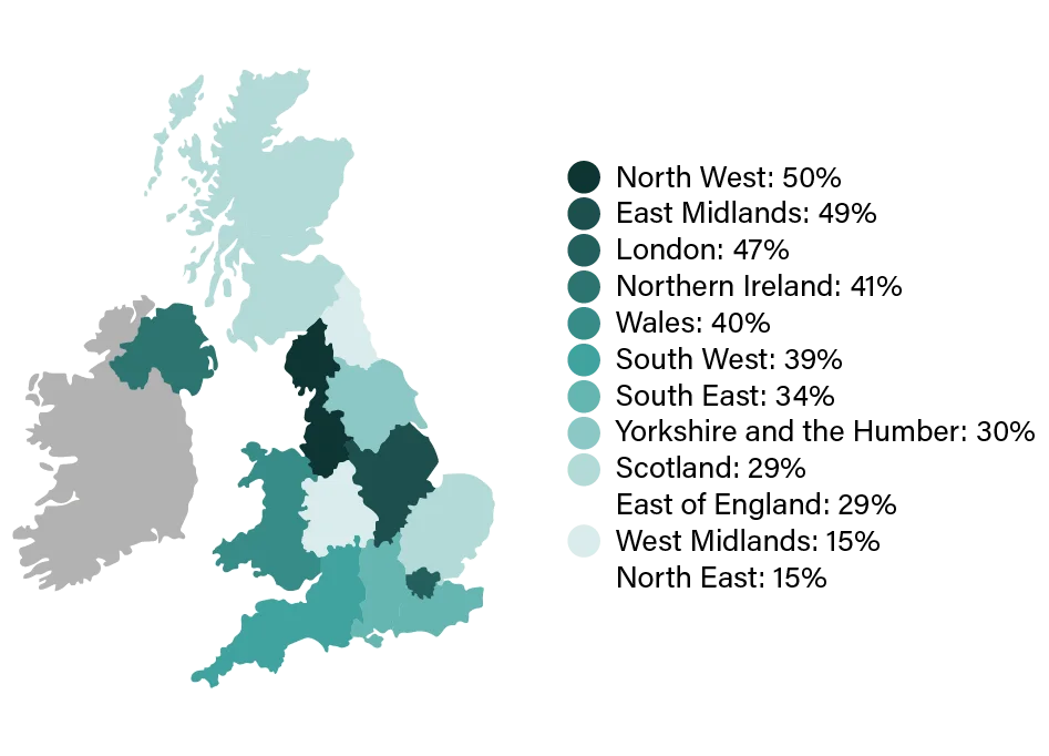 Heatmap of the UK outlining credit card debt in all regions.